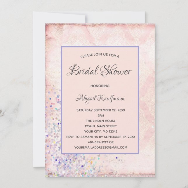Glam Shabby Chic Rosa Vitt Lila Glitter Bröllop Inbjudningar (Framsida)