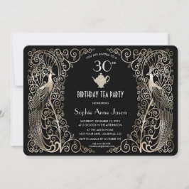 Glam Silver Art Deco Peacocks Birthday Tea Party Inbjudningar