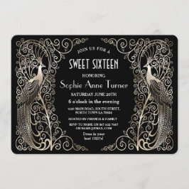 Glam Silver Art Deco Peacocks Sweet sixteen Party Inbjudningar