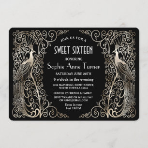 Glam Silver Art Deco Peacocks Sweet sixteen Party Inbjudningar
