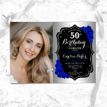 Glam Silver Black Royal Blue Photo 50:e födelsedag Inbjudningar<br><div class="desc">Femininininbjudan till elegantens blommigt på 50 år med ditt foto. Glam-design med faux silver. Innehåller royalet blue ro,  skriptteckensnitt och confietti. Perfekt för en snyggt vuxen under firande party. Anpassa med dina egna detaljer. Kan anpassas för vilken ålder som helst! Skrivna Zazzle-inbjudningar eller digital utskrivbar mall för omedelbar nedladdning.</div>