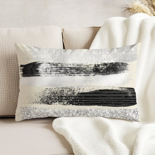 Glam Silver Black White Brushstrokes Ecru Prydnadskudde