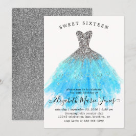 Glam Silver Blue Gnistra Dress Sweet 16:e födelsed Inbjudningar