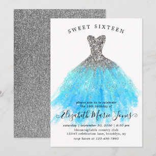 Glam Silver Blue Gnistra Dress Sweet 16:e födelsed Inbjudningar