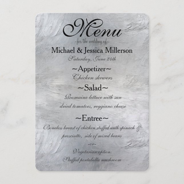 Glam Silver Bröllop Menu Meny (Framsida)