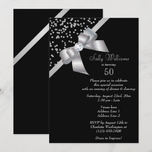 Glam Silver Confetti & Jewel Bow 50:e födelsedagen Inbjudningar