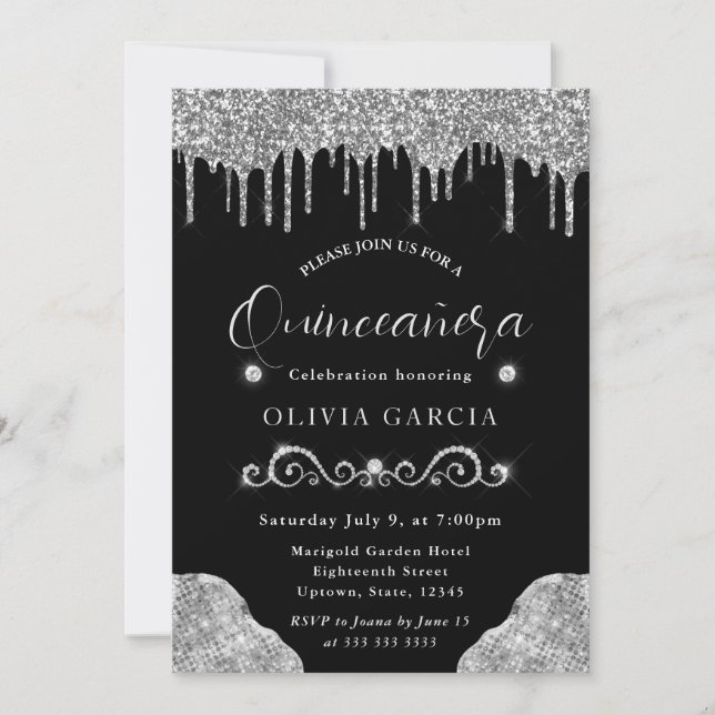 Glam Silver Droppande Glitter Quinceanera Inbjudningar (Framsida)