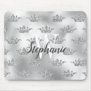 Glam Silver Foil Glitter Krona Mönster Monogram Musmatta