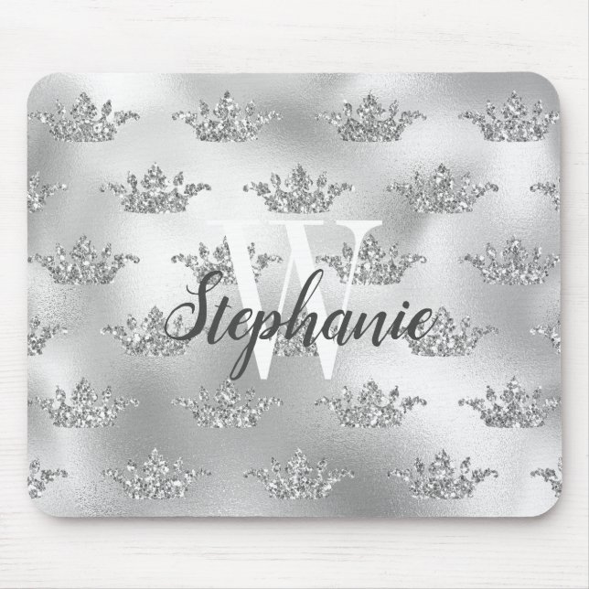 Glam Silver Foil Glitter Krona Mönster Monogram Musmatta (Framsidan)