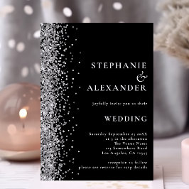 Glam Silver Glitter Black QR-kod Bröllop Inbjudningar