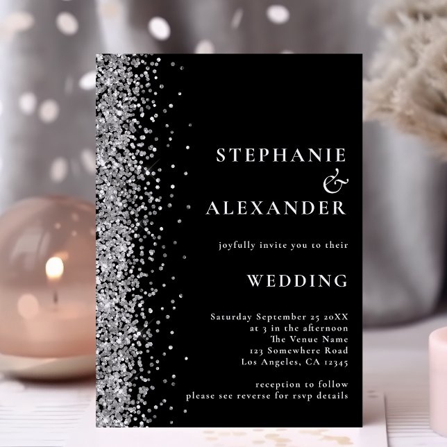 Glam Silver Glitter Black QR-kod Bröllop Inbjudningar (Skapare uppladdad)