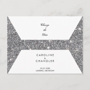 Glam Silver Glitter Bröllop Ändra datum Meddelande Vykort