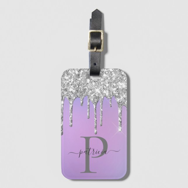 Glam Silver Glitter Dricks Elegant Monogram Bagagebricka (Framsida vertikal)