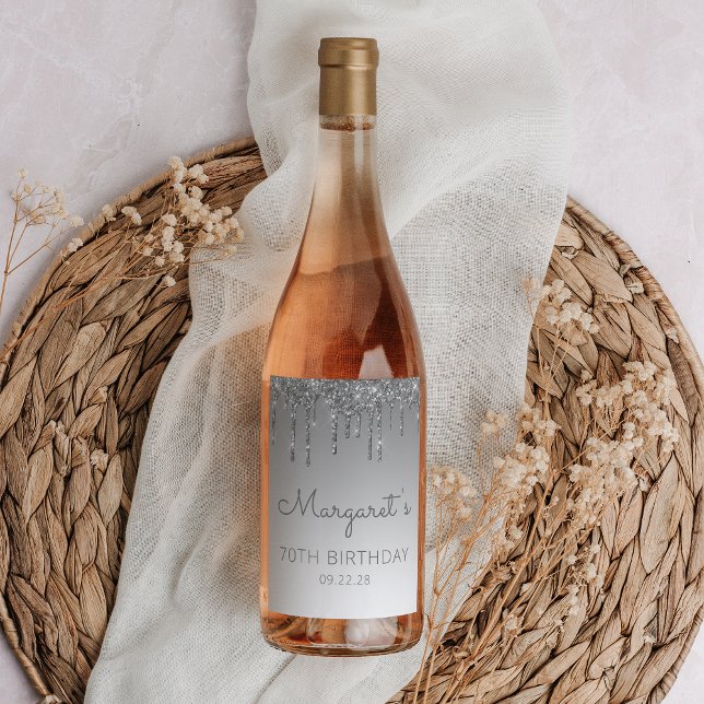 Glam Silver Glitter Drip 70:e Födelsedagsfesten Vinflaska Etikett (Skapare uppladdad)