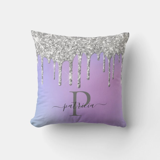 Glam Silver Glitter Drips Elegant Monogram   Kudde (Framsida)