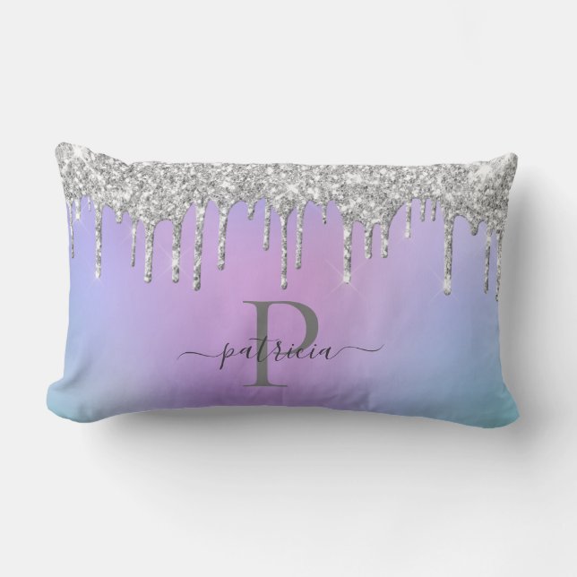 Glam Silver Glitter Drips Elegant Monogram   Lumbarkudde (Framsida)