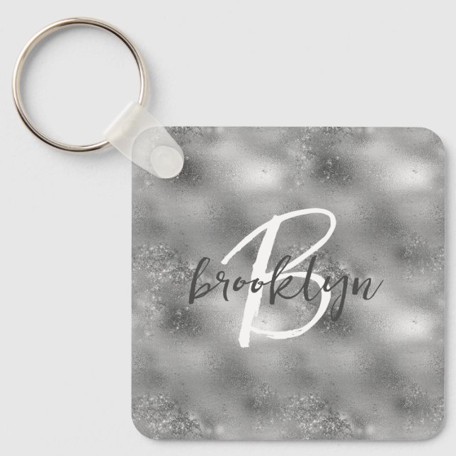 Glam Silver Glitter Glans Monogram  Nyckelring (Framsida)