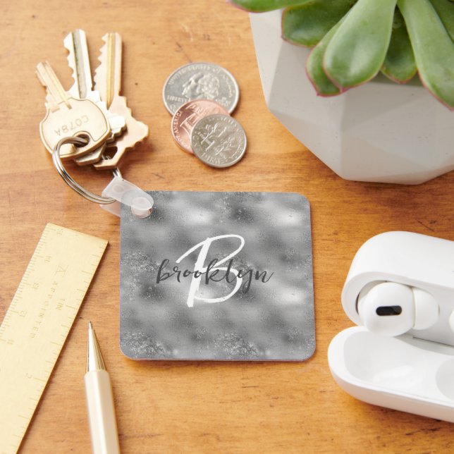 Glam Silver Glitter Glans Monogram  Nyckelring (Skrivbord)
