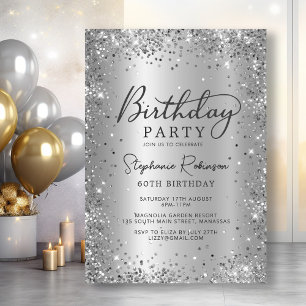 Glam Silver Glitter Metall Foil 60:e födelsedagen Inbjudningar
