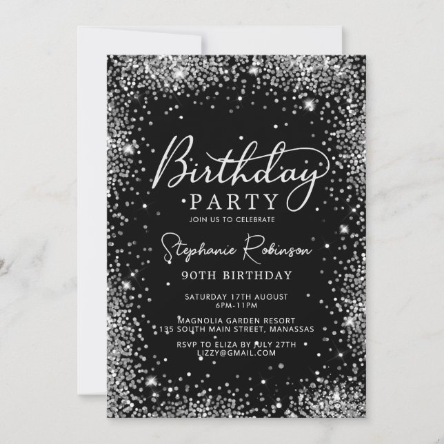 Glam Silver Glitter och Black 90:e Birthday Inbjudningar (Framsida)