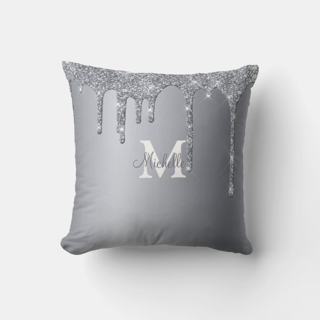 Glam Silver Glitter Personlig Monogram Kudde (Framsida)
