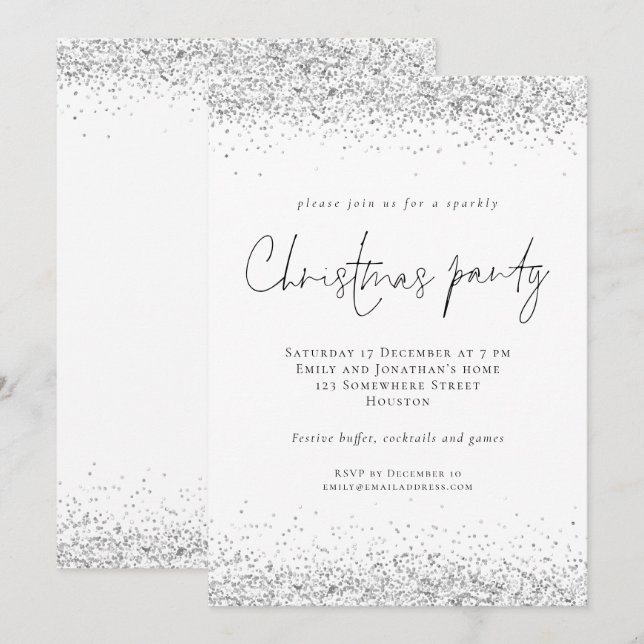 Glam Silver Glitter skript jul Party Inbjudningar (Fram/baksida)