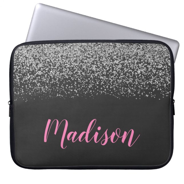 Glam Silver Glitter Sparkles Black & Rosa Namn Laptop Fodral (Framsidan)