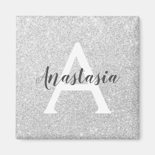Glam Silver Glitter Sparkles Monogram Namn Magnet