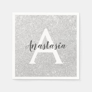 Glam Silver Glitter Sparkles Monogram Namn Pappersservett