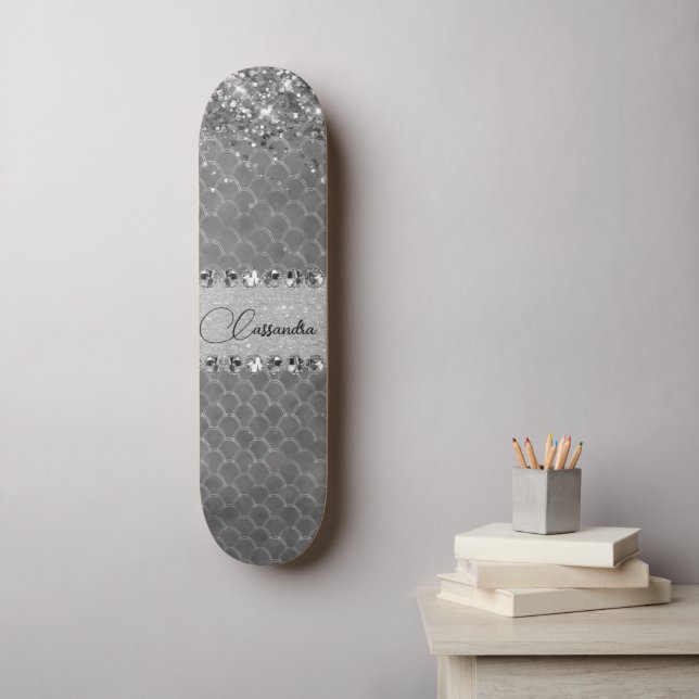 Glam Silver Glittery Diamond Bling Skateboard (Väggkonst)