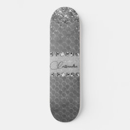 Glam Silver Glittery Diamond Bling Skateboard