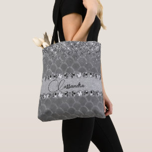 Glam Silver Glittery Diamond Bling Tote Bag Tygkasse