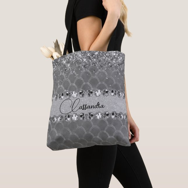 Glam Silver Glittery Diamond Bling Tote Bag Tygkasse (Närbild)