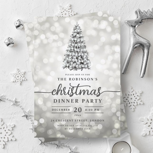 Glam Silver Gräs Träd Ljus jul Party Inbjudningar (Glam Silver Pine Tree Lights Christmas Party Invitation)