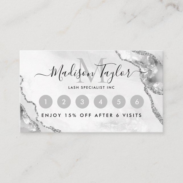 Glam Silver Grått Glitter Agate Marble Monogram Lojalitetskort (Framsida)