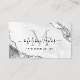 Glam Silver Grått Glitter Marble Agate Monogram QR Visitkort