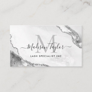 Glam Silver Grått Glitter Marble Agate Monogram QR Visitkort