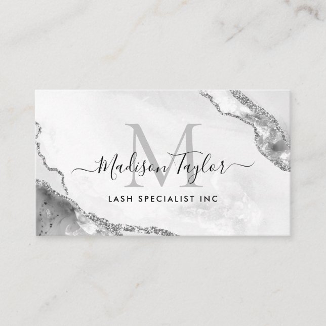 Glam Silver Grått Glitter Marble Agate Monogram QR Visitkort (Framsida)