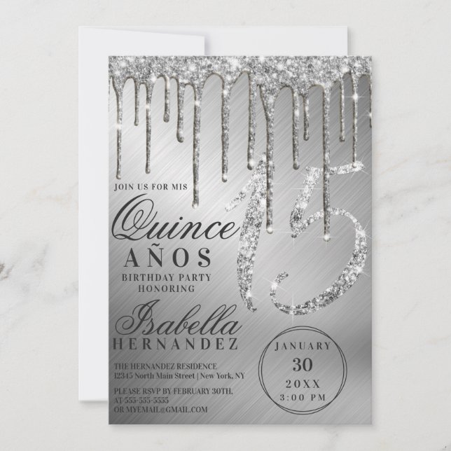 Glam Silver Metallic Glitter Drips Quinceañera Inbjudningar (Framsida)