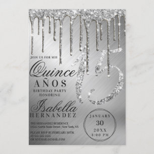 Glam Silver Metallic Glitter Drips Quinceañera Inbjudningar