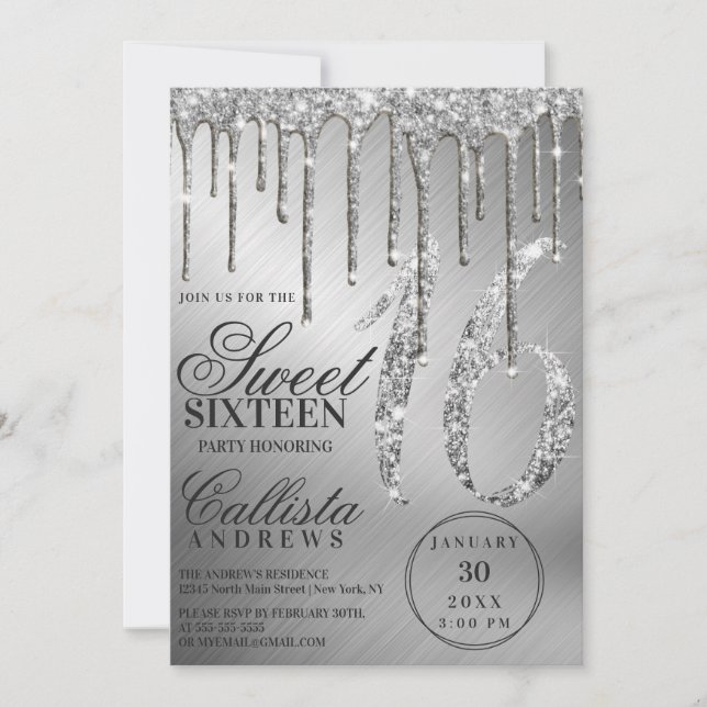 Glam Silver Metallic Glitter Drips Sweet 16 Inbjudningar (Framsida)