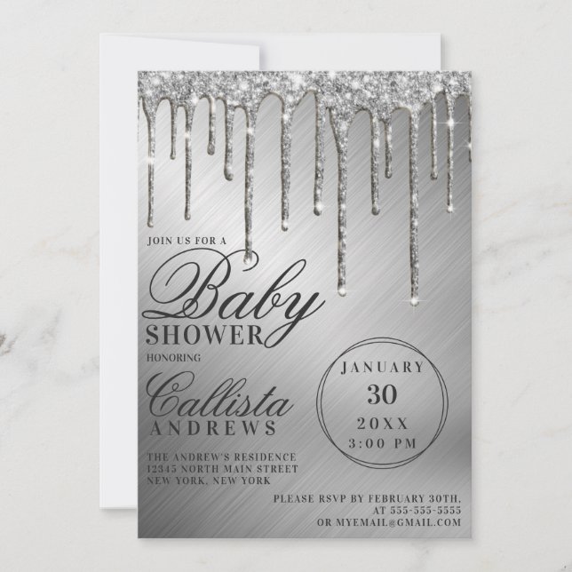 Glam Silver Metallic Glitter Drives Baby Shower Inbjudningar (Framsida)