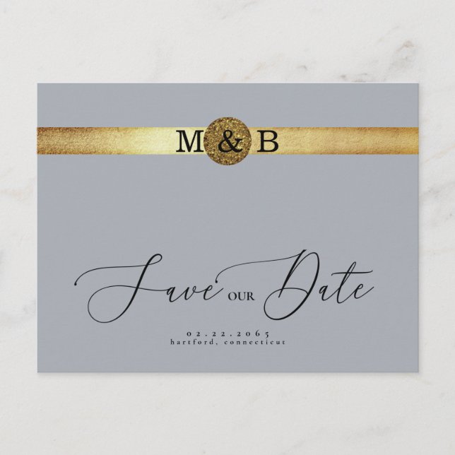 Glam Silver & Metallic Gold Monogram Save the Date Vykort (Framsida)