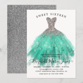 Glam Silver Mint Gnistra Dress Sweet 16:e födelsed Inbjudningar