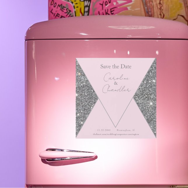 Glam Silver & Rosa Bröllop spara datum Magnetic (Skapare uppladdad)