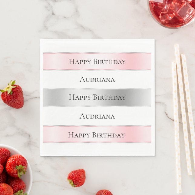 Glam Silver  Rosa Ribbon Birthday Pappersservett (Insitu)