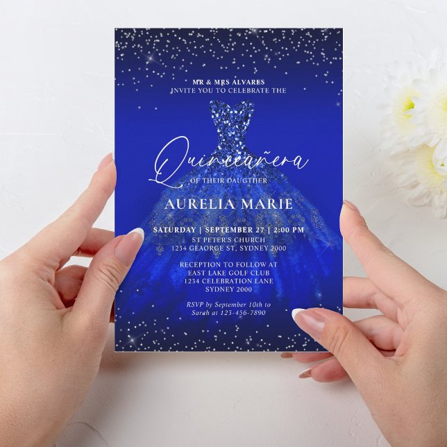 Glam Silver Royal Blue Princess Dress Quinceanera Inbjudningar (Skapare uppladdad)