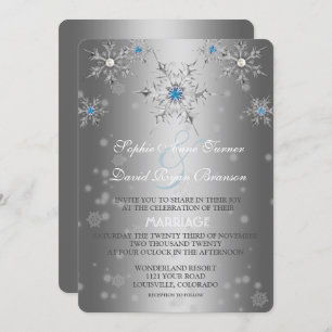 Glam Silver Snöflingor Crystal Blue Pearl Bröllop Inbjudningar