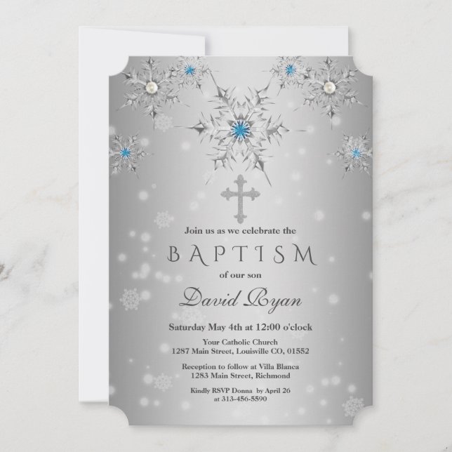 Glam Silver Snöflingor Crystal Blue Pearls Baptism Inbjudningar (Framsida)
