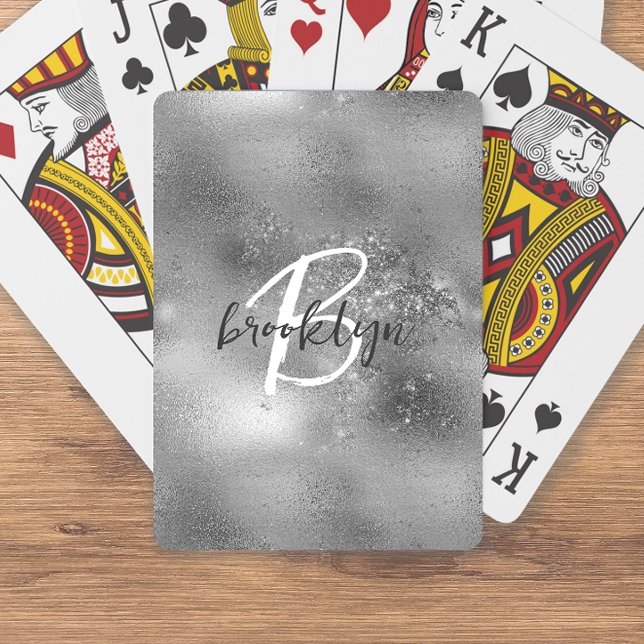 Glam Silver Trendig Monogram i Script-stil Casinokort (Skapare uppladdad)